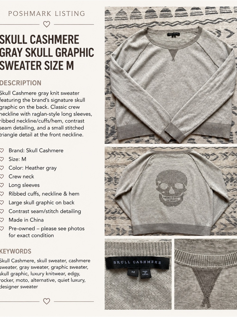 Skull Cashmere Gray Skull Graphic Sweater Size M